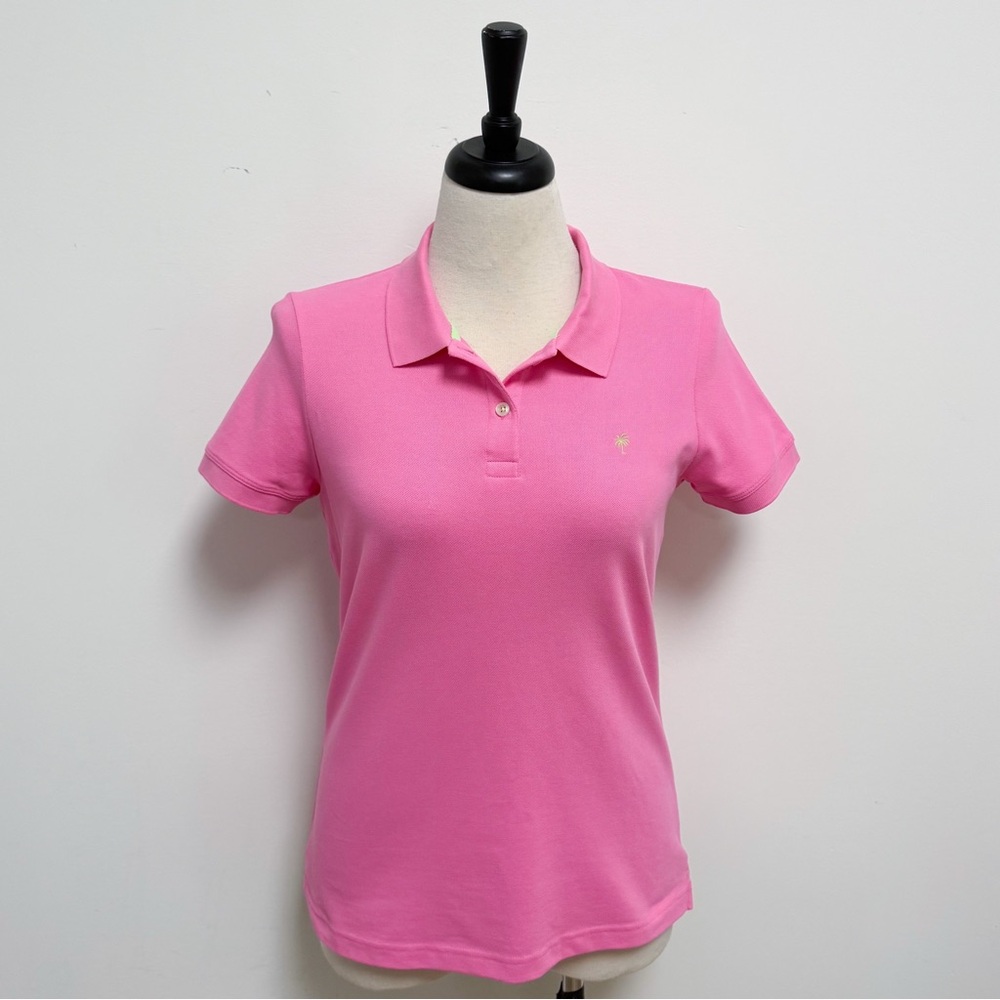 Lilly Pulitzer Pink Green Palm Tree Embroidered Pique Short Sleeve Polo Large
